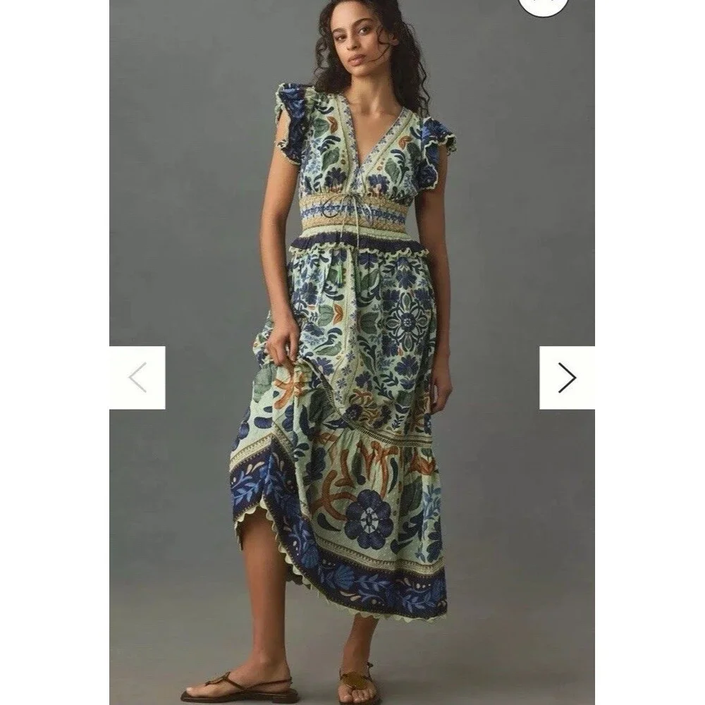 Farm Rio Dress Size Large Ocean Tapestry Midi Sleeveless Boho Anthropologie - Picture 2 of 12